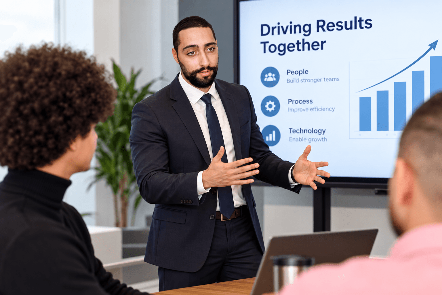A presenter in a blue suit discussing people, process, and technology with colleagues